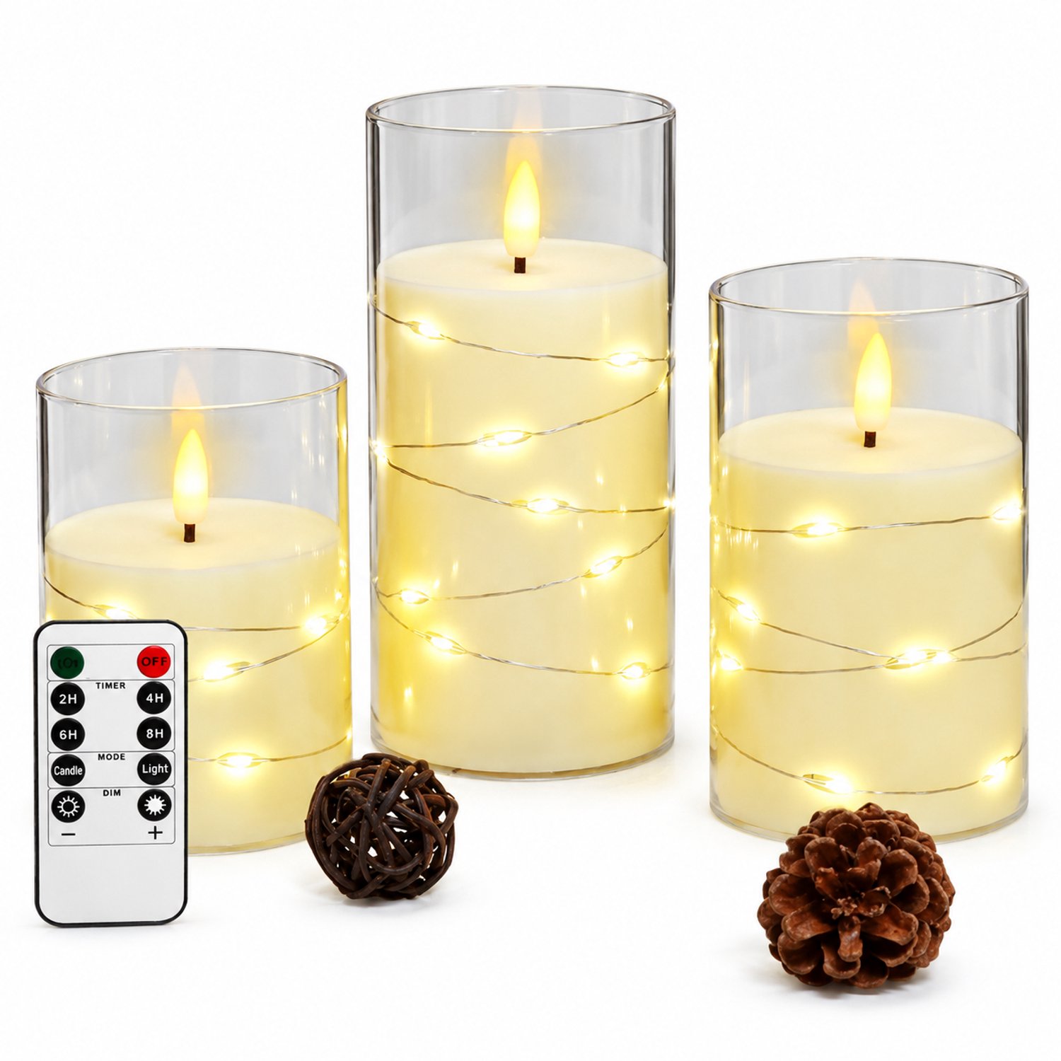 led kaarsen set van 3 met afstandsbediening, warmgele vlamvormige verlichting en lichtsnoeren, transparante cilindervormige kappen voor tafel- en bruiloftsdecoratie