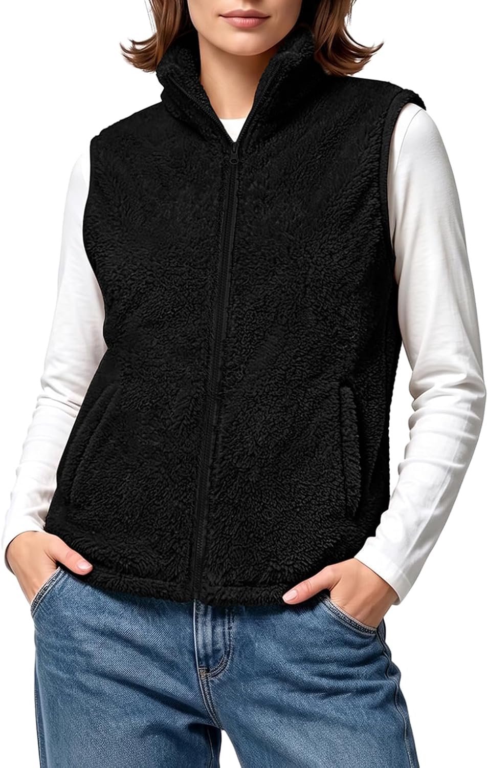 Fleece vest met kraag en zakken