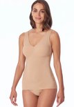 Dames tanktop, huidkleurig, met V-hals, gedragen door model.