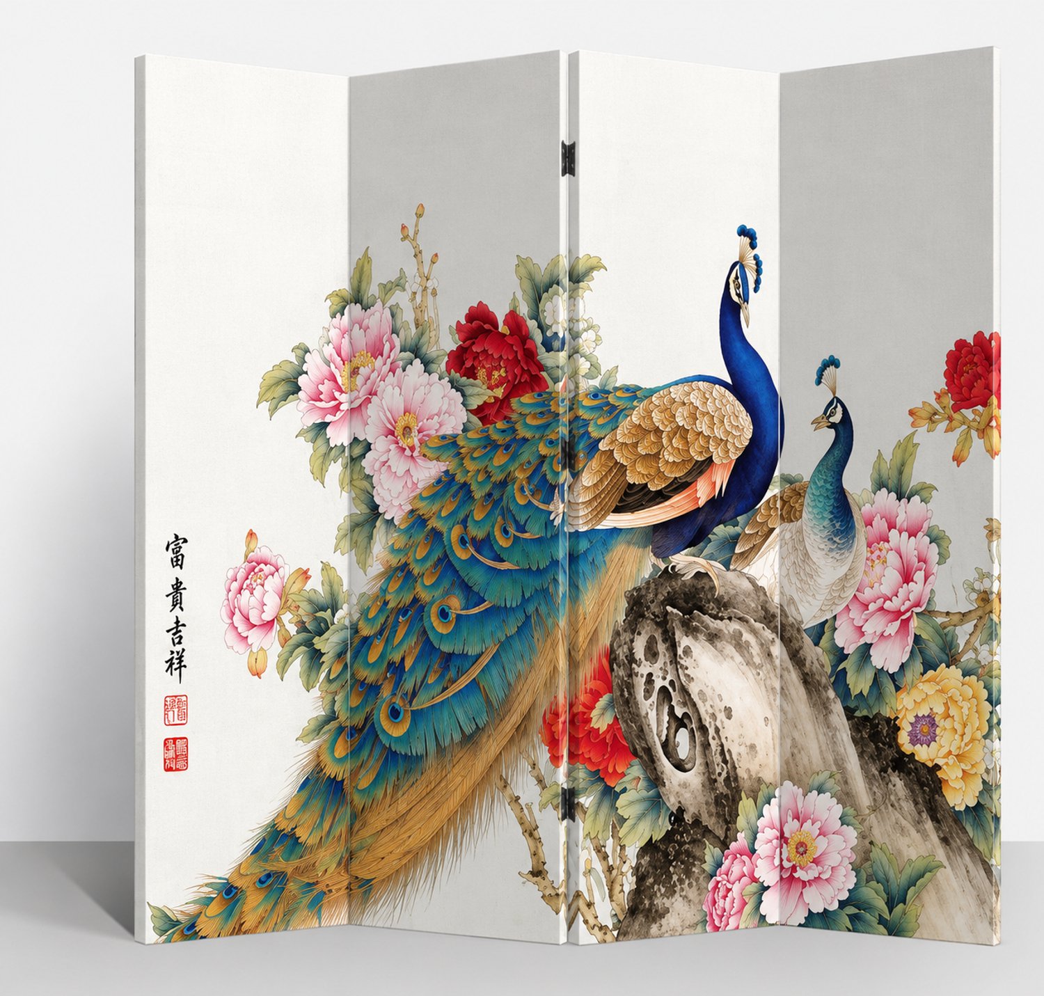 Fine Asianliving Chinees Kamerscherm Oosters Scheidingswand B160xH180cm 4 Panelen Twee Pauwen Wit, Multicolour