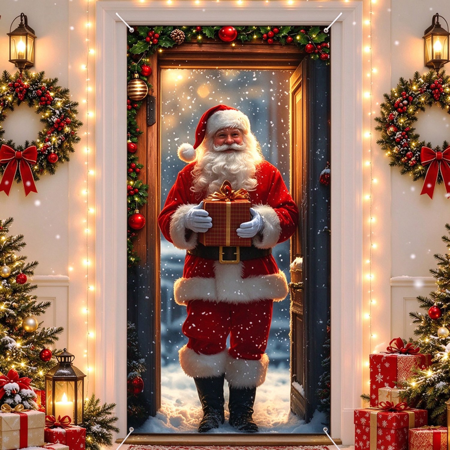 Deurgordijn – Kerstdeurgordijn met patronen van de Kerstman en rendieren – inclusief ophanggaten op de vier hoeken en een ophangtouw van 10 meter; geschikt voor deuren, ramen, huisdecoratie en kerstversiering – Afmetingen: 200 x 90 cm.