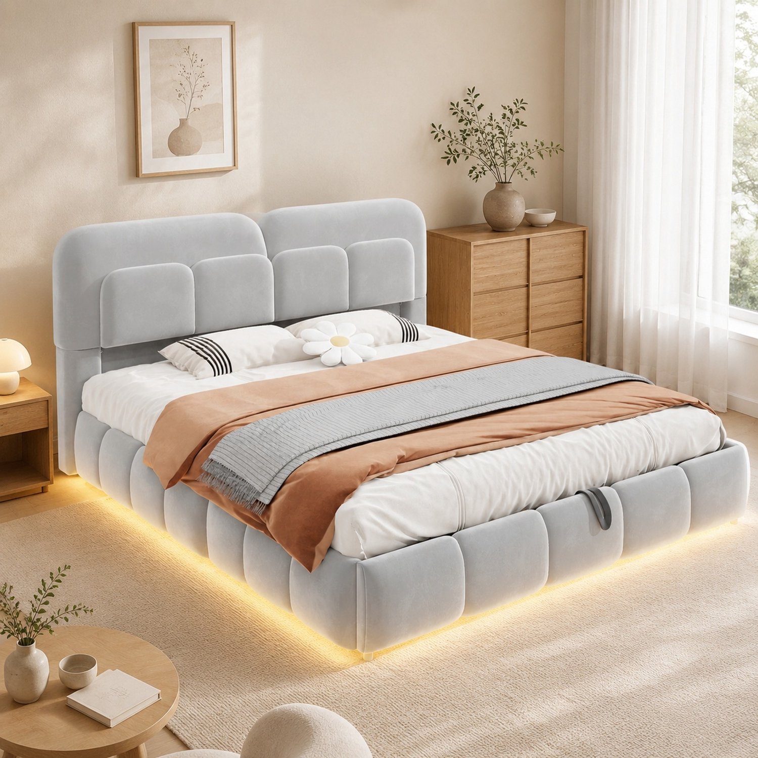 WUVRIE Gestoffeerd bed 140x200 cm - Hydraulische opbergruimte en kleurwisselende LED - Fluweel - Grijs