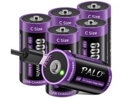 USB-C Baby C-batterij 1,5V 6000mWh LR14 lithium snellaadtype-C-batterijen Batterij met oplaadkabel,lage zelfontlading,met oplaadlampje,1500+ cyclus 6 stuks C-batterijen