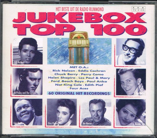 Cd-hoes Jukebox Top 100 met jukebox-illustratie en zwart-witportretten van artiesten zoals Elvis Presley.