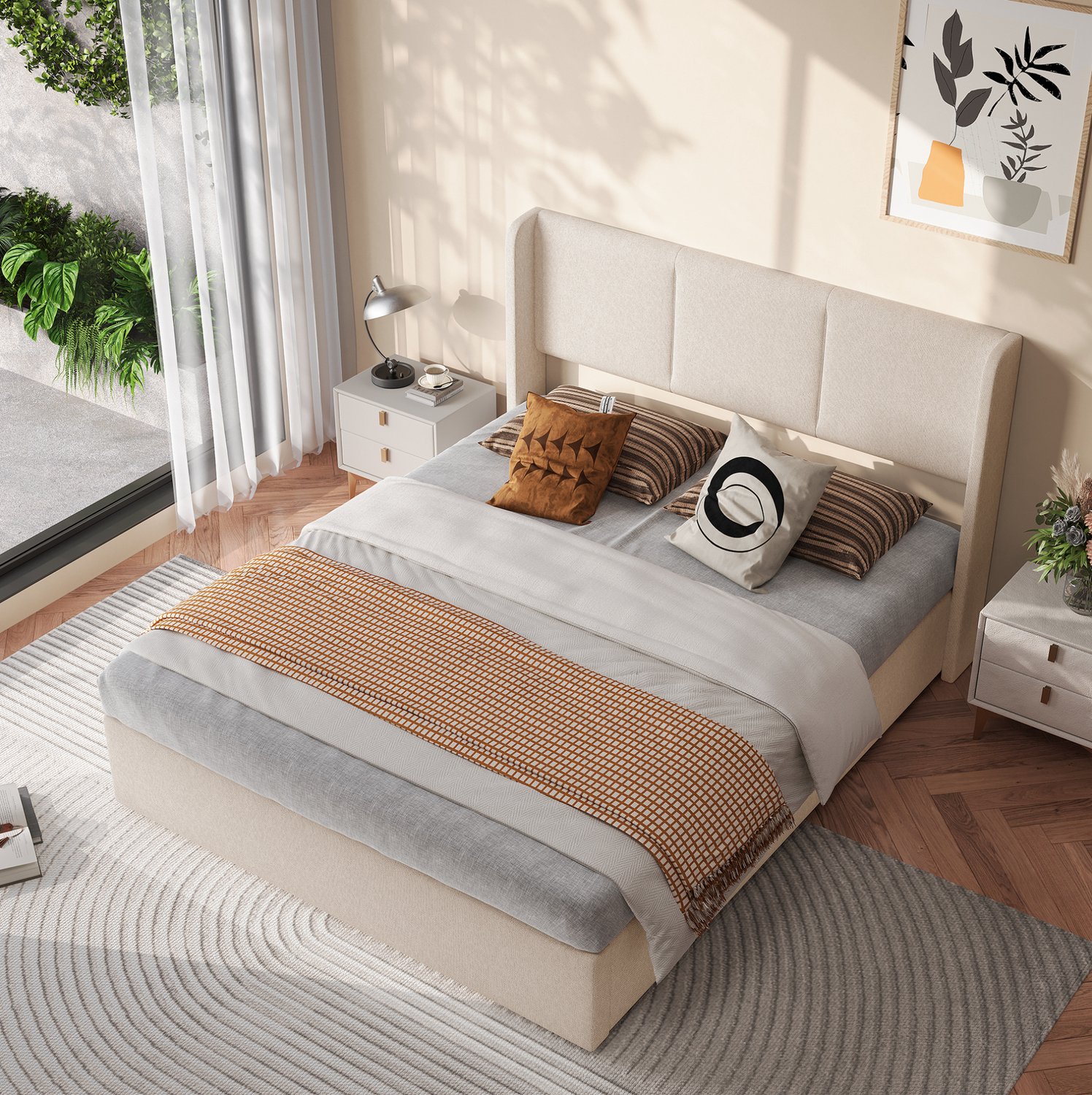 WUVRIE Gestoffeerd opbergbed 160x200 cm - Hydraulische bedbox en lattenbodem - Beige
