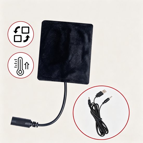 Zwart verwarmingspaneel met bijbehorende oplaadkabel, met iconen voor instelbare temperatuur.