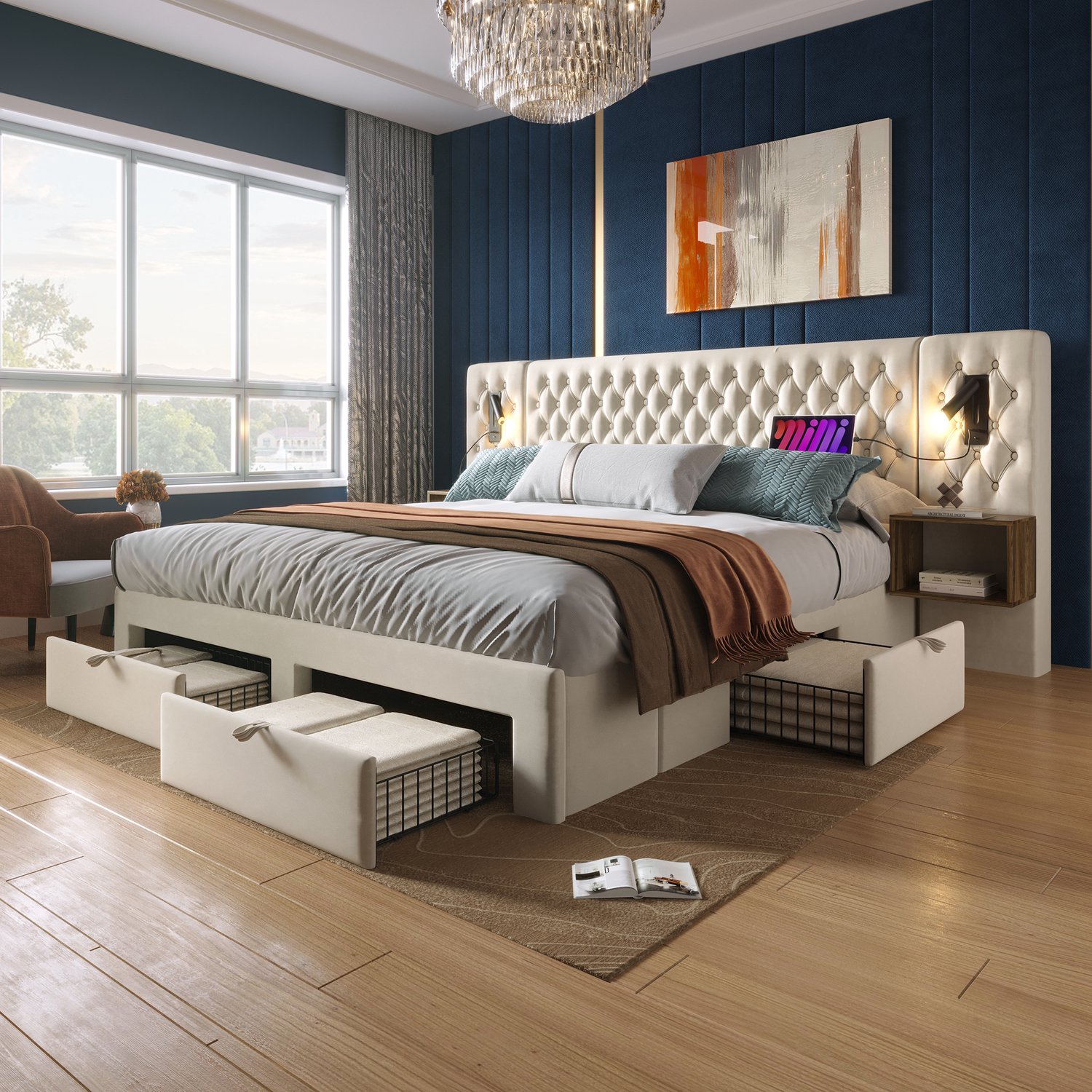 intebiki Slaapkamerset - gestoffeerd tweepersoonsbed 180×200 cm met 2 nachtkastjes en 4 lades - leeslampje met USB-oplaadfunctie in het hoofdeinde - beige - fluweel (exclusief matras)