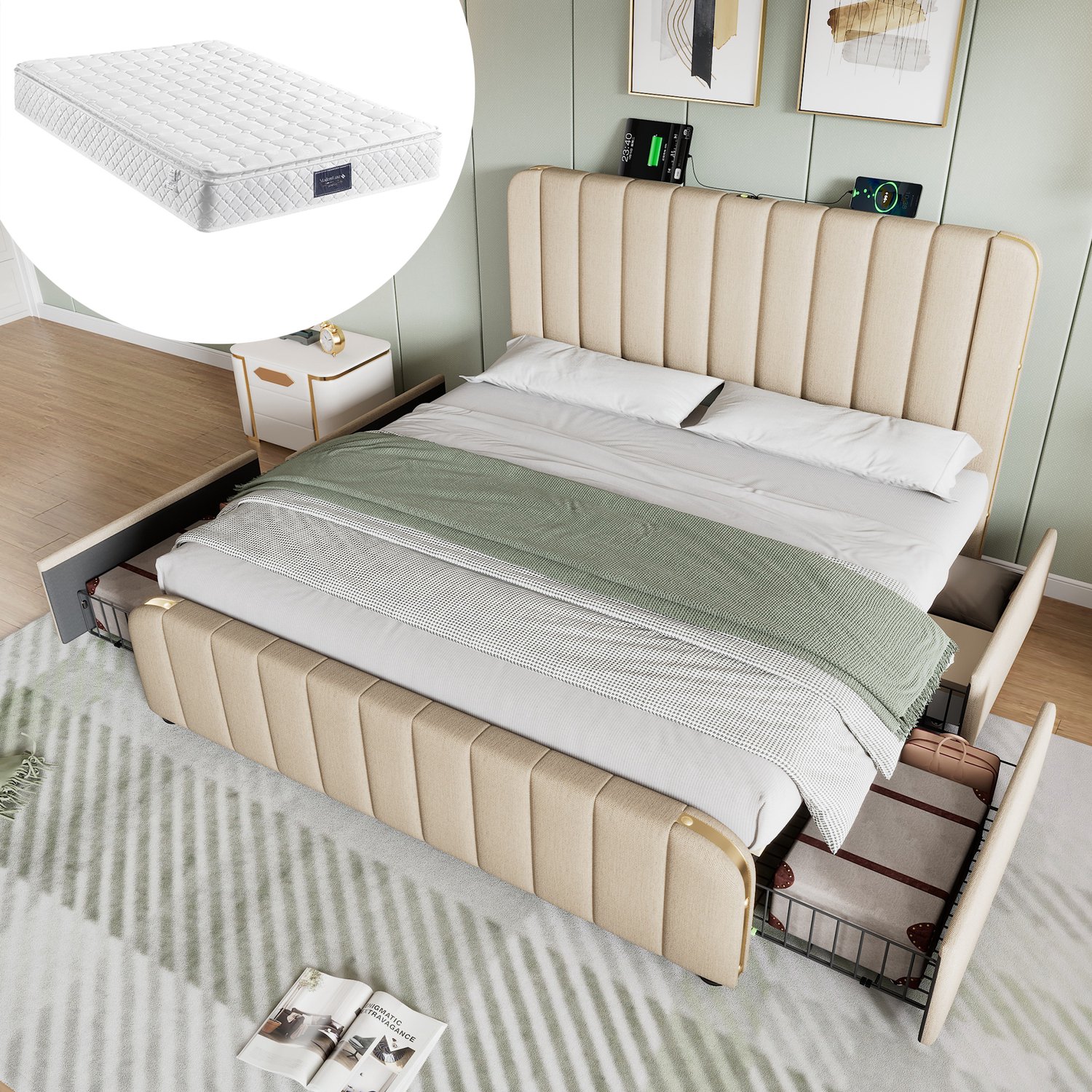 intebiki Gestoffeerd tweepersoonsbed met gewatteerd hoofdbord - gouden sierstrepen en USB Type-C-oplaadfunctie - 160*200 cm - beige linnen bekleding met 4 lades - draagvermogen 200 kg (inclusief matras).