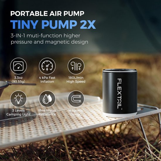 Tiny Pump 2X, Elektrische luchtpomp 4.5 kPa, 180L/min, 5 Luchtsproeiers, 3-in-1 Mini Luchtpomp met Kampeerlantaarn Opblazen/Leeglaten voor Slaapmatten, Luchtbedden, Zwembadaccessoires — afbeelding 2