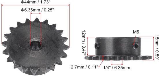Kettingwiel 20 tanden - 1/4 inch verdeling - koolstofstaal C45 - geschikt voor ISO 04C - ServiceTopper — afbeelding 5