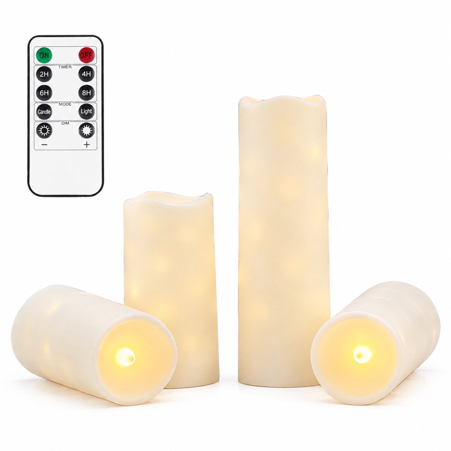 led kaarsen beige, 4 stuks per doos, met interne lichtslinger en golvende bovenrand, inclusief kleine afstandsbediening met knoopcel