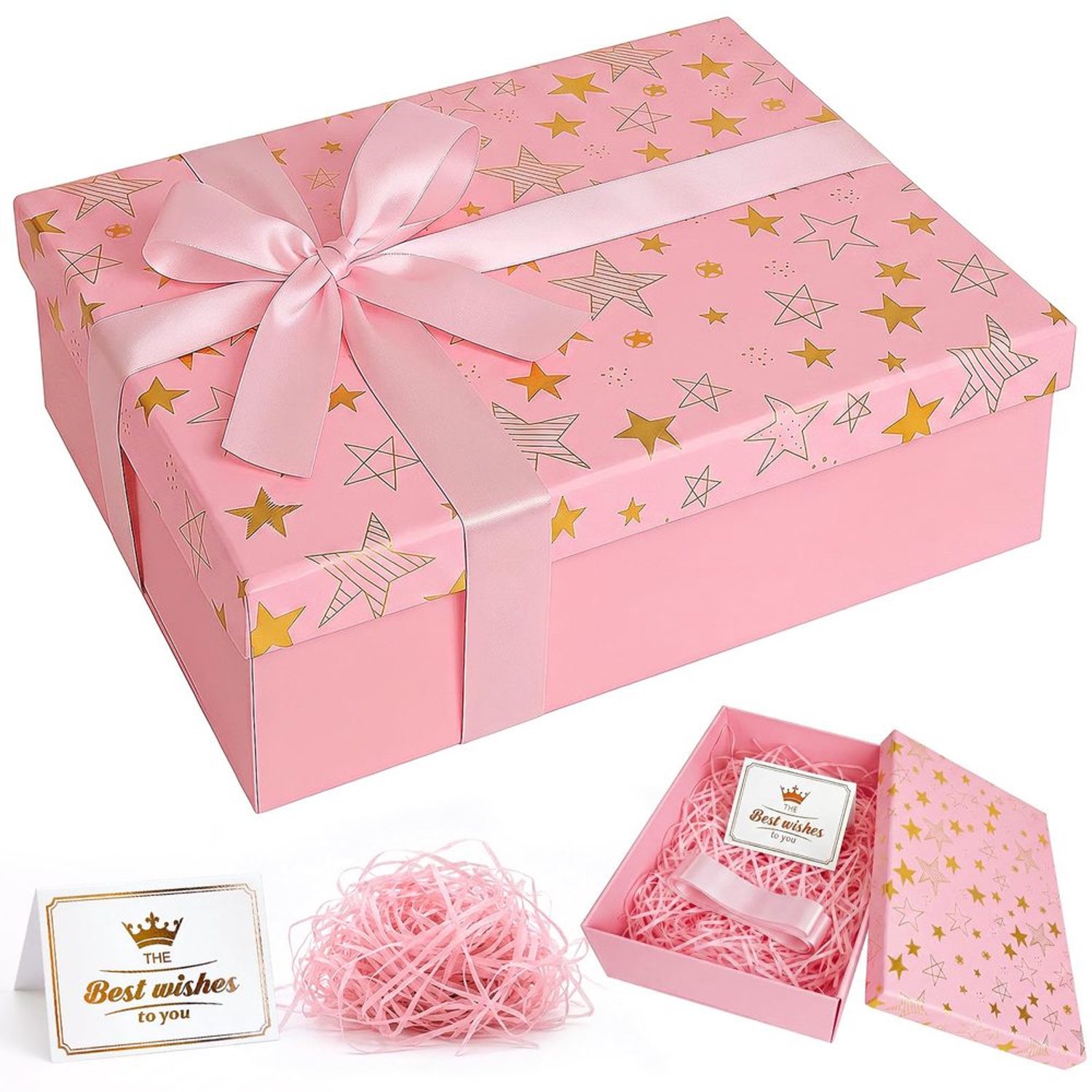 Geschenkdoos met Deksel en Sterrenpatroon 25 x 18 x 8,5 cm Roze