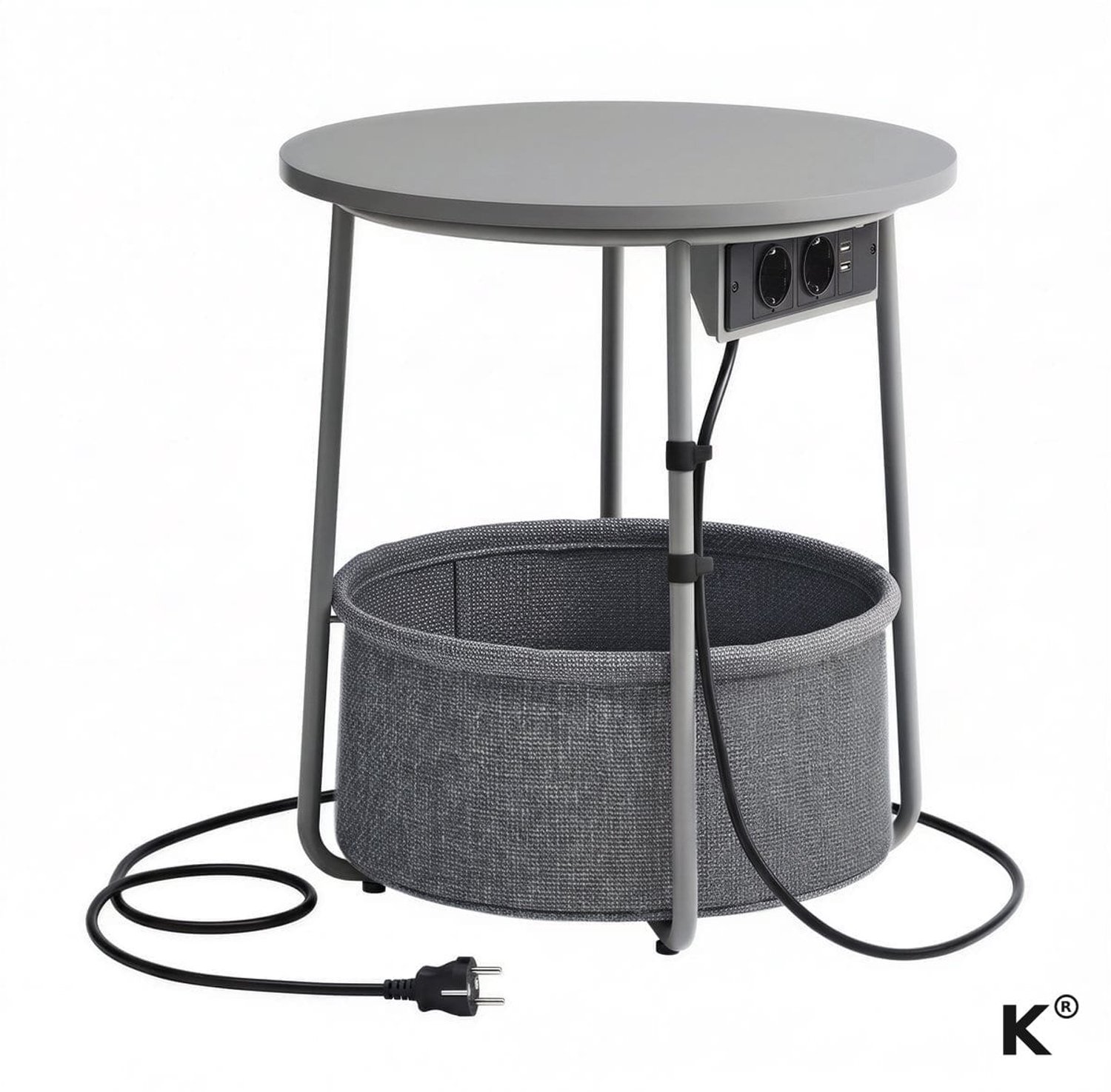 Klarven Bijzettafel Grijs - Ronde Tafel met Stopcontact - Bijzettafeltjes Woonkamer - Bijzettafel Rond - Bijzettafel - Geïntegreerd Stopcontact - Stoffen Opbergmand - Verstelbare Voetjes