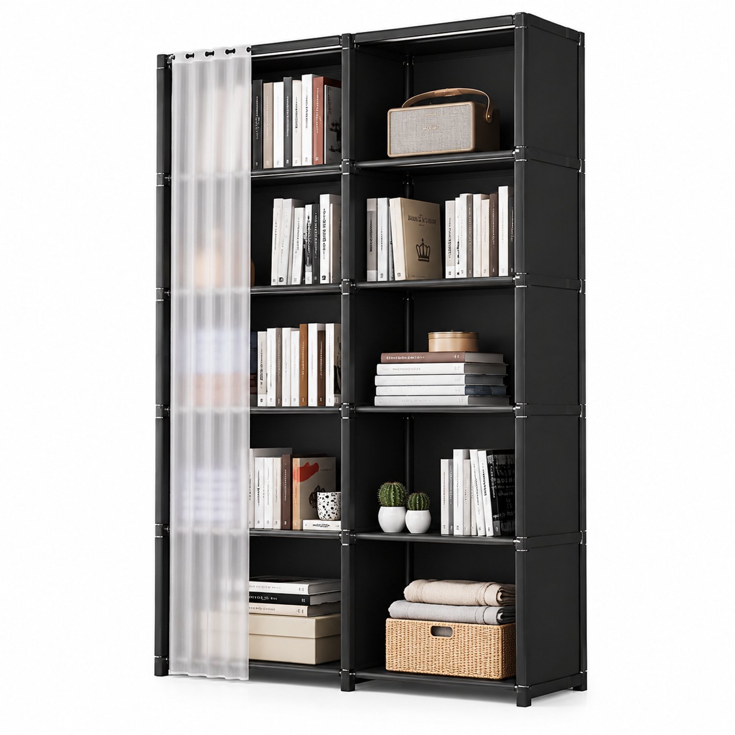 Tremeo Multifunctionele Kledingkast - Boekenkast - Opbergkast - Ruimtebesparend - Schuifgordijn tegen Stof - 80x28x155 cm - Zwart