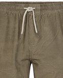 Olijfgroene corduroy broek met elastische tailleband en wit trekkoord.