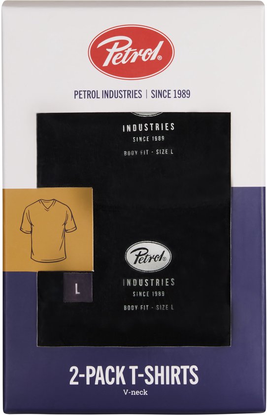 Twee zwarte Petrol Industries V-hals T-shirts in verpakking, maat L, met logo en 'Body Fit' opdruk.