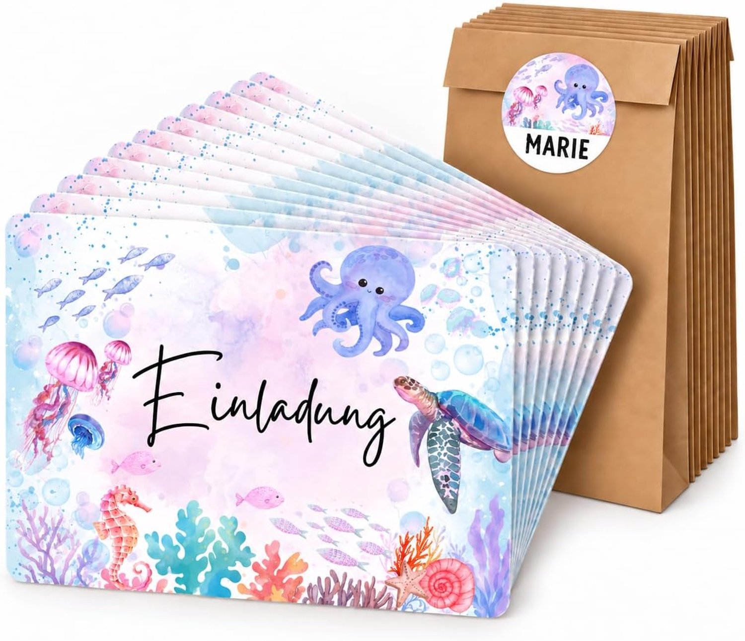 12x Feestkaarten met glitters voor kinderfeestjes - 12 stickers + 12 cadeauzakjes