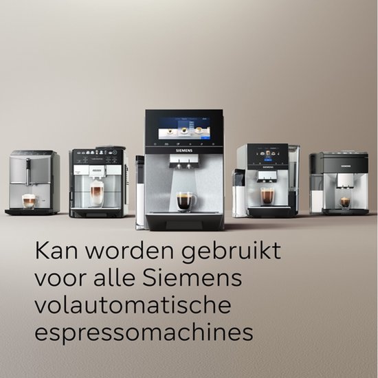 Lijn van vijf verschillende Siemens volautomatische espressomachines. Tekst: Geschikt voor alle Siemens volautomaten.