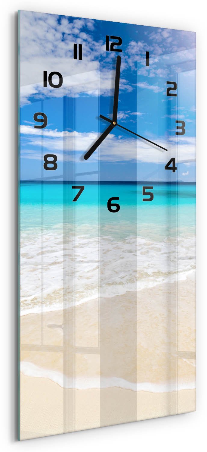 Tulup Wandklok - Tropisch strand Moderne Wandklok Glas - 30x60 cm - Blauw Wandklok Glas Decoratie - Zwarte handen - Rechthoekige Klok - Glazen Wandklok Design - Klok Glas Met Opdruk