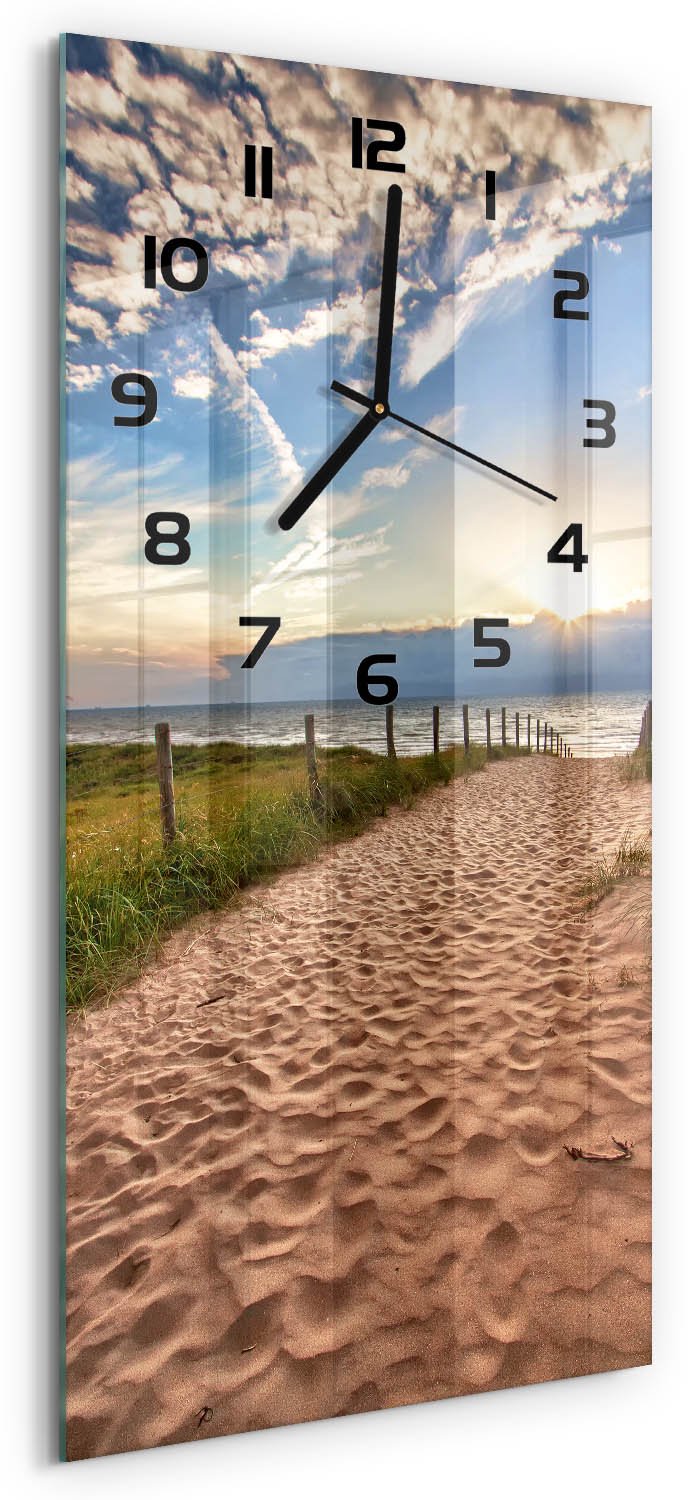 Tulup Wandklok - De weg naar het strand Decoratieve Glazen Klok - 30x60 cm - Veelkleurig Glazen Wandklok Design - Zwarte handen - Rechthoekige Klok - Glazen Klok Met Print - Wandklok Glas Met Motief
