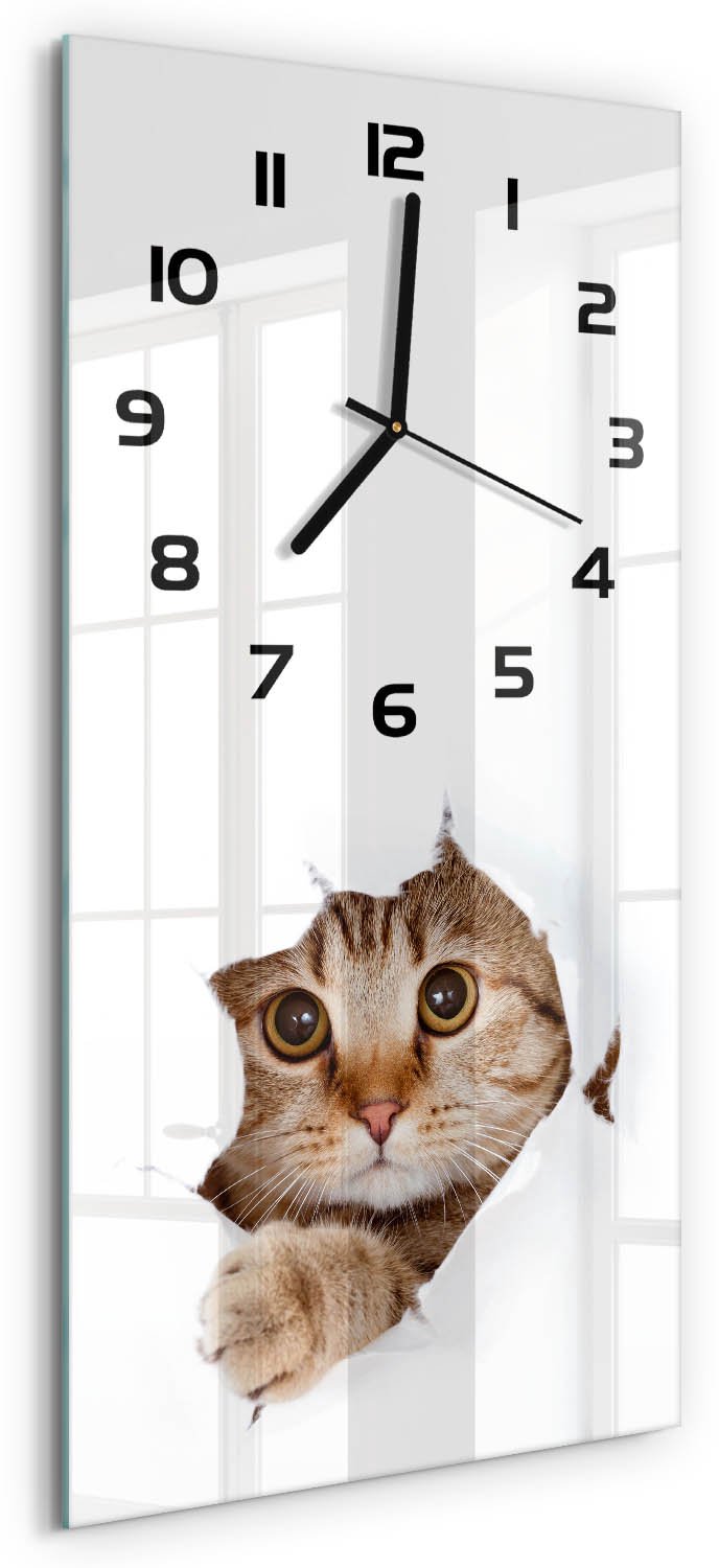 Tulup Wandklok - Kat Gekleurde Glazen Klok - 30x60 cm - Beige Glazen Klok Met Print - Zwarte handen - Rechthoekige Klok - Moderne Wandklok Glas - Wandklok Glas Decoratie