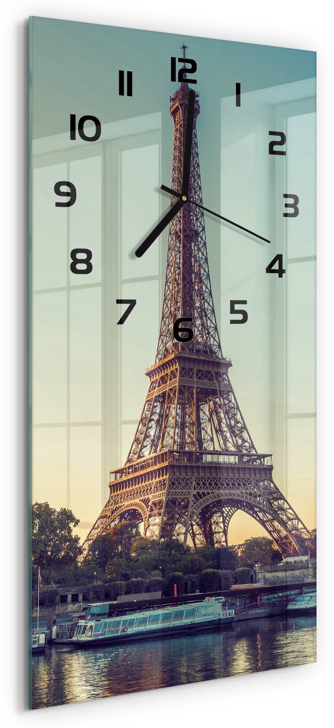 Tulup Wandklok - Eiffeltoren Parijs Wandklok Glas Met Motief - 30x60 cm - Geel Decoratieve Glazen Klok - Zwarte handen - Rechthoekige Klok - Gekleurde Glazen Klok - Glazen Klok Met Print