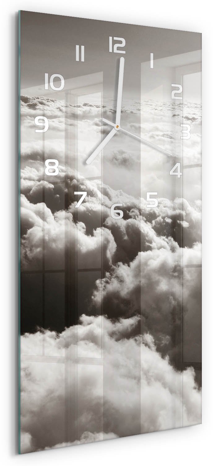 Tulup Wandklok - Wolken gezien vanuit vogelperspectief Moderne Wandklok Glas - 30x60 cm - Zwart-wit Wandklok Glas Decoratie - Witte handen - Rechthoekige Klok - Glazen Wandklok Design - Klok Glas Met Opdruk