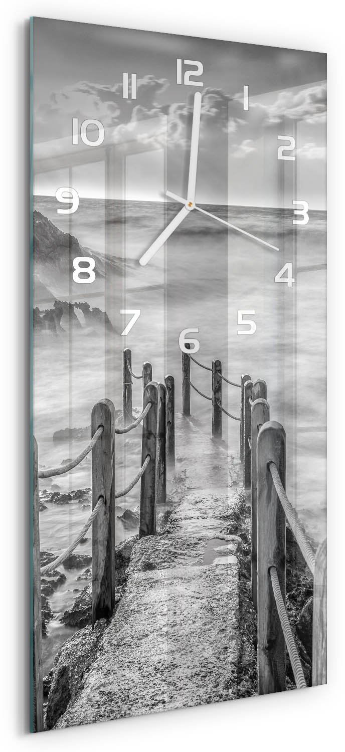 Tulup Wandklok - Pad langs de zee Glazen Wandklok Design - 30x60 cm - Zwart-wit Klok Glas Met Opdruk - Witte handen - Rechthoekige Klok - Wandklok Glas Met Motief - Decoratieve Glazen Klok