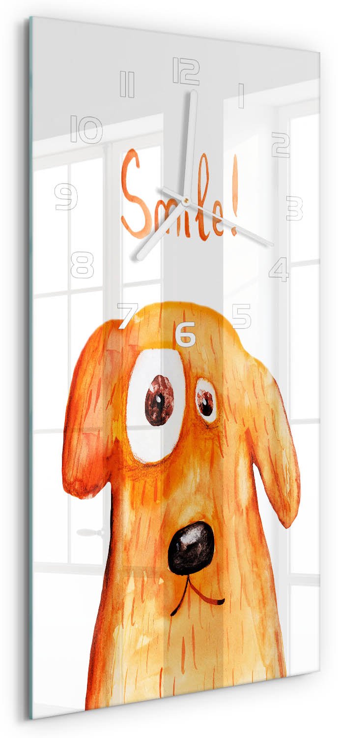 Tulup Wandklok - Hond Glazen Klok Met Print - 30x60 cm - Oranje Wandklok Glas Met Motief - Witte handen - Rechthoekige Klok - Wandklok Glas Decoratie - Gekleurde Glazen Klok