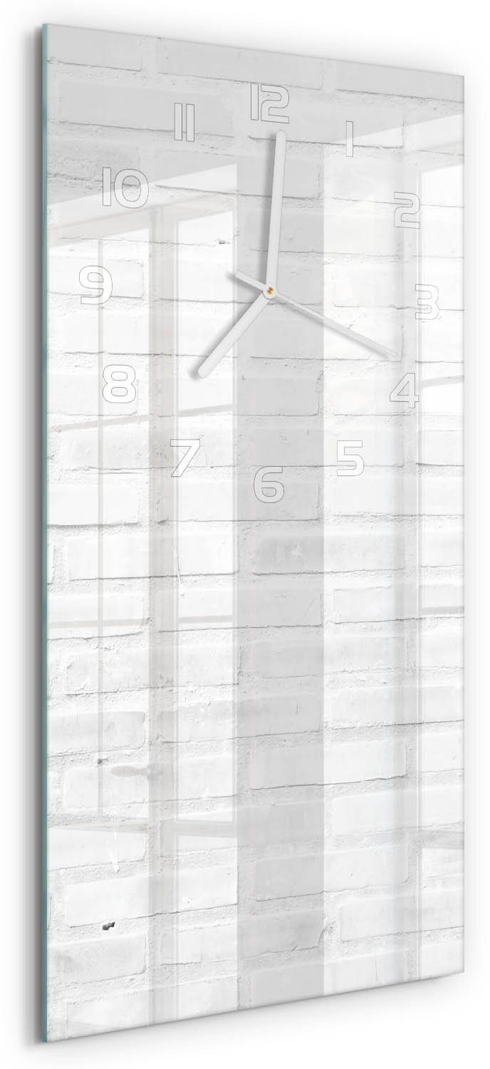 Tulup Wandklok - Bakstenen muur Wandklok Glas Met Motief - 30x60 cm - Wit Decoratieve Glazen Klok - Witte handen - Rechthoekige Klok - Gekleurde Glazen Klok - Glazen Klok Met Print