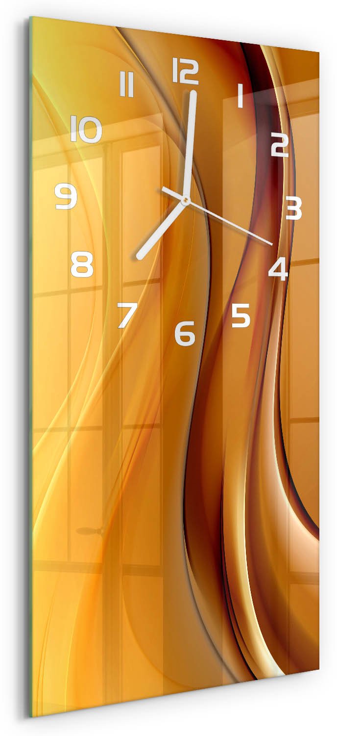 Tulup Wandklok - Golfabstractie Wandklok Glas Met Motief - 30x60 cm - Oranje Decoratieve Glazen Klok - Witte handen - Rechthoekige Klok - Gekleurde Glazen Klok - Glazen Klok Met Print