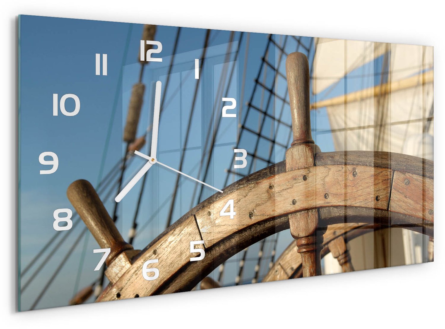 TULUP Wandklok - Roer op een jacht Decoratieve Glazen Klok - 60x30 cm - Blauw Glazen Wandklok Design - Witte handen - Rechthoekige Klok - Glazen Klok Met Print - Wandklok Glas Met Motief