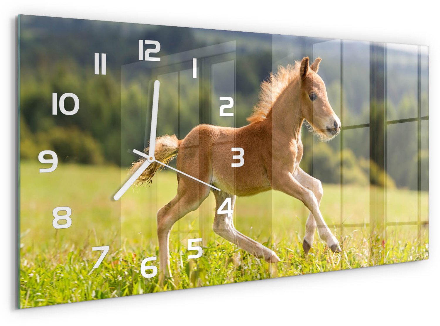 TULUP Wandklok - Galopperend veulen Moderne Wandklok Glas - 60x30 cm - Bruin Wandklok Glas Decoratie - Witte handen - Rechthoekige Klok - Glazen Wandklok Design - Klok Glas Met Opdruk