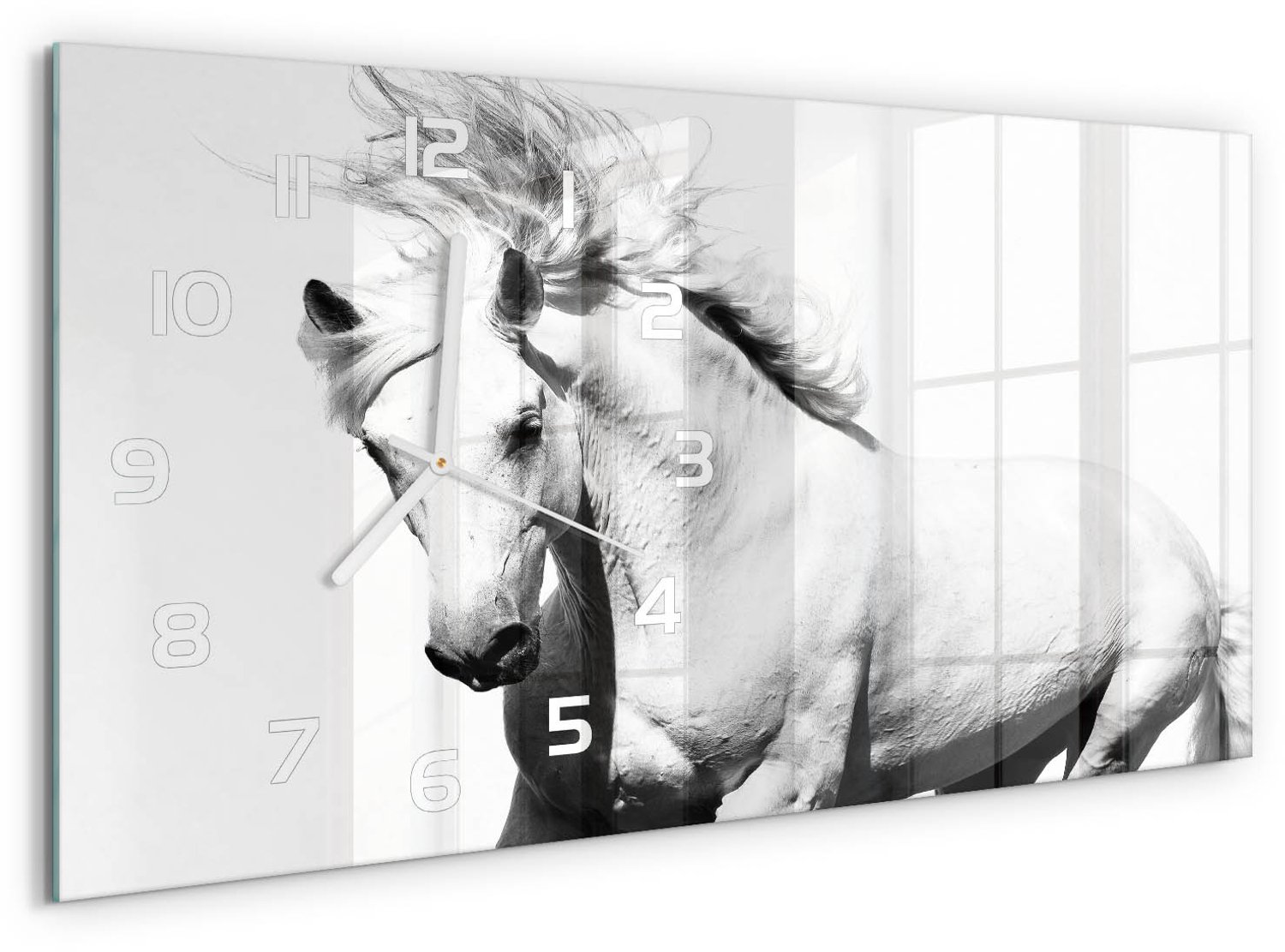 TULUP Wandklok - Wit Paard Gekleurde Glazen Klok - 60x30 cm - Wit Glazen Klok Met Print - Witte handen - Rechthoekige Klok - Moderne Wandklok Glas - Wandklok Glas Decoratie