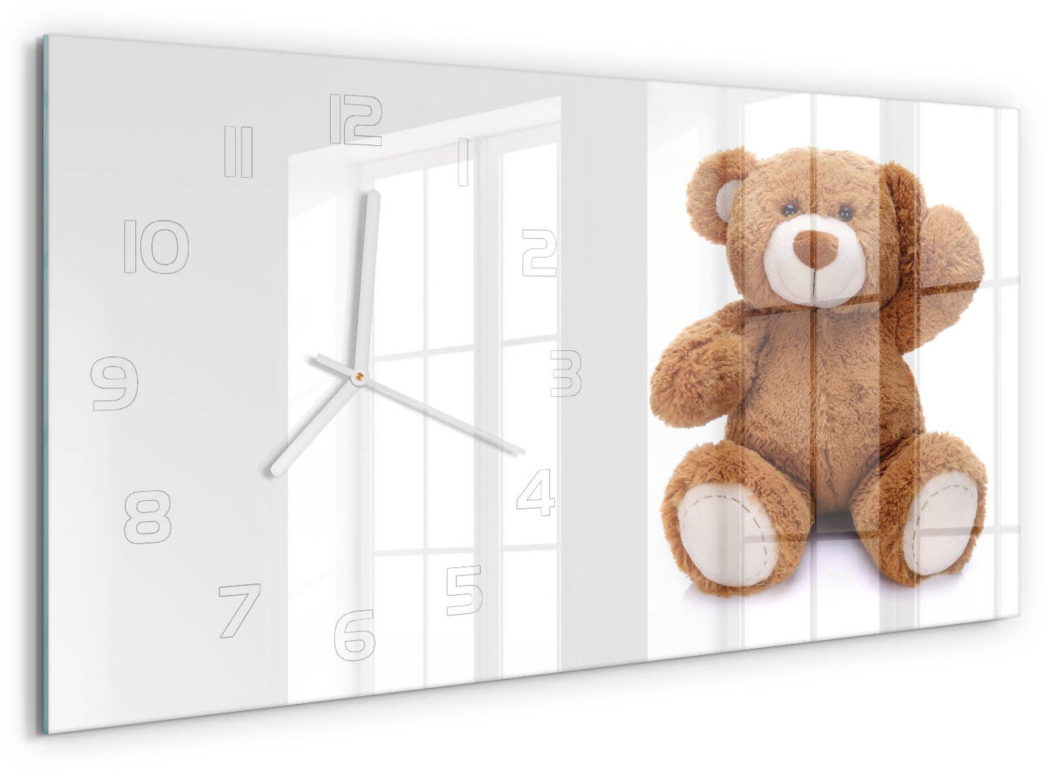 TULUP Wandklok - Beer Decoratieve Glazen Klok - 60x30 cm - Bruin Glazen Wandklok Design - Witte handen - Rechthoekige Klok - Glazen Klok Met Print - Wandklok Glas Met Motief