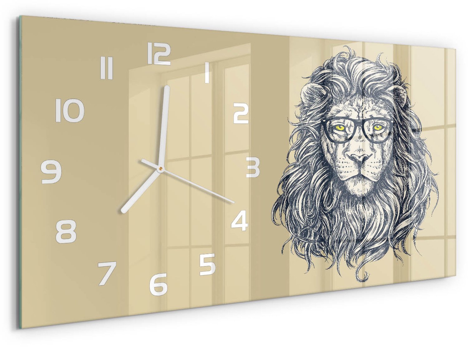 TULUP Wandklok - Hipster Leeuw Klok Glas Met Opdruk - 60x30 cm - Beige Moderne Wandklok Glas - Witte handen - Rechthoekige Klok - Decoratieve Glazen Klok - Glazen Wandklok Design