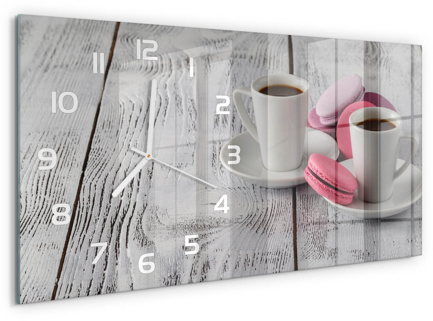 TULUP Wandklok - Koffie en koekjes Wandklok Glas Met Motief - 60x30 cm - Roze Decoratieve Glazen Klok - Witte handen - Rechthoekige Klok - Gekleurde Glazen Klok - Glazen Klok Met Print
