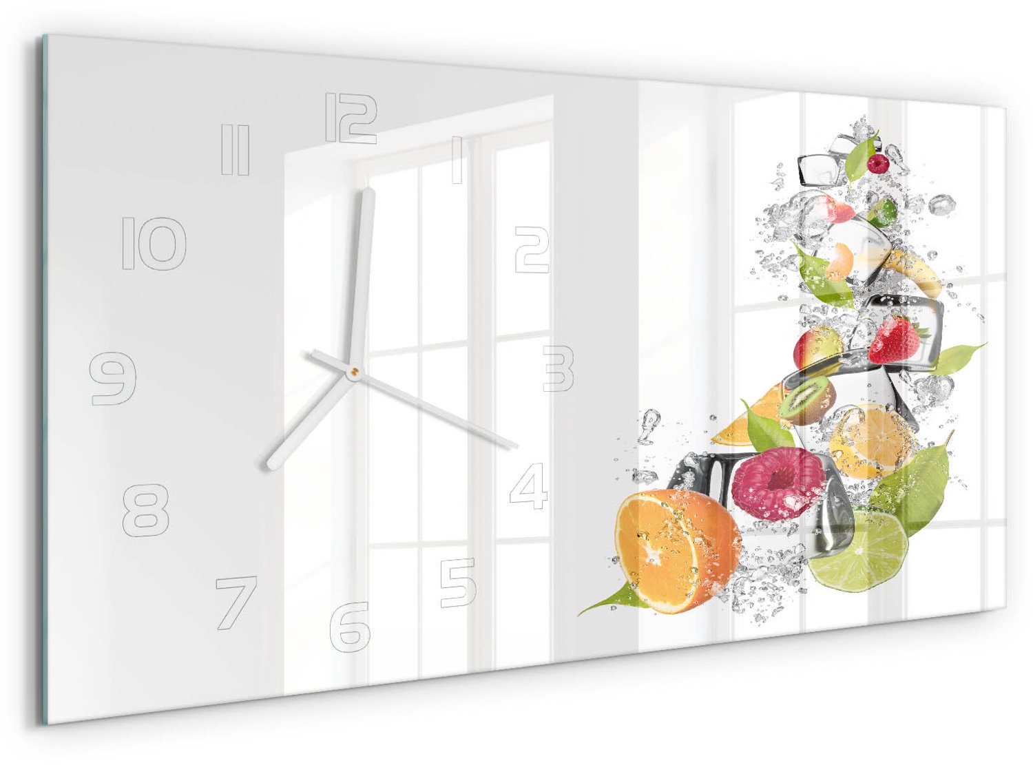 TULUP Wandklok - Fruit met ijs Wandklok Glas Met Motief - 60x30 cm - Veelkleurig Decoratieve Glazen Klok - Witte handen - Rechthoekige Klok - Gekleurde Glazen Klok - Glazen Klok Met Print