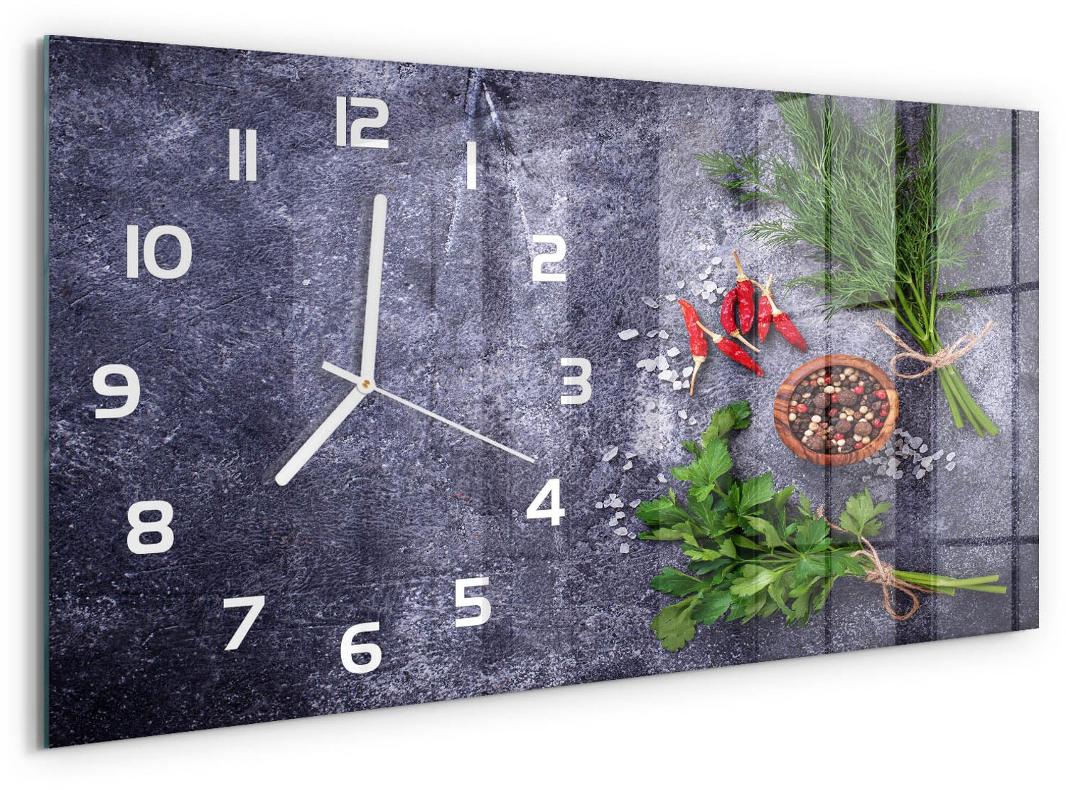 TULUP Wandklok - Kruiden en specerijen Gekleurde Glazen Klok - 60x30 cm - Groente Glazen Klok Met Print - Witte handen - Rechthoekige Klok - Moderne Wandklok Glas - Wandklok Glas Decoratie