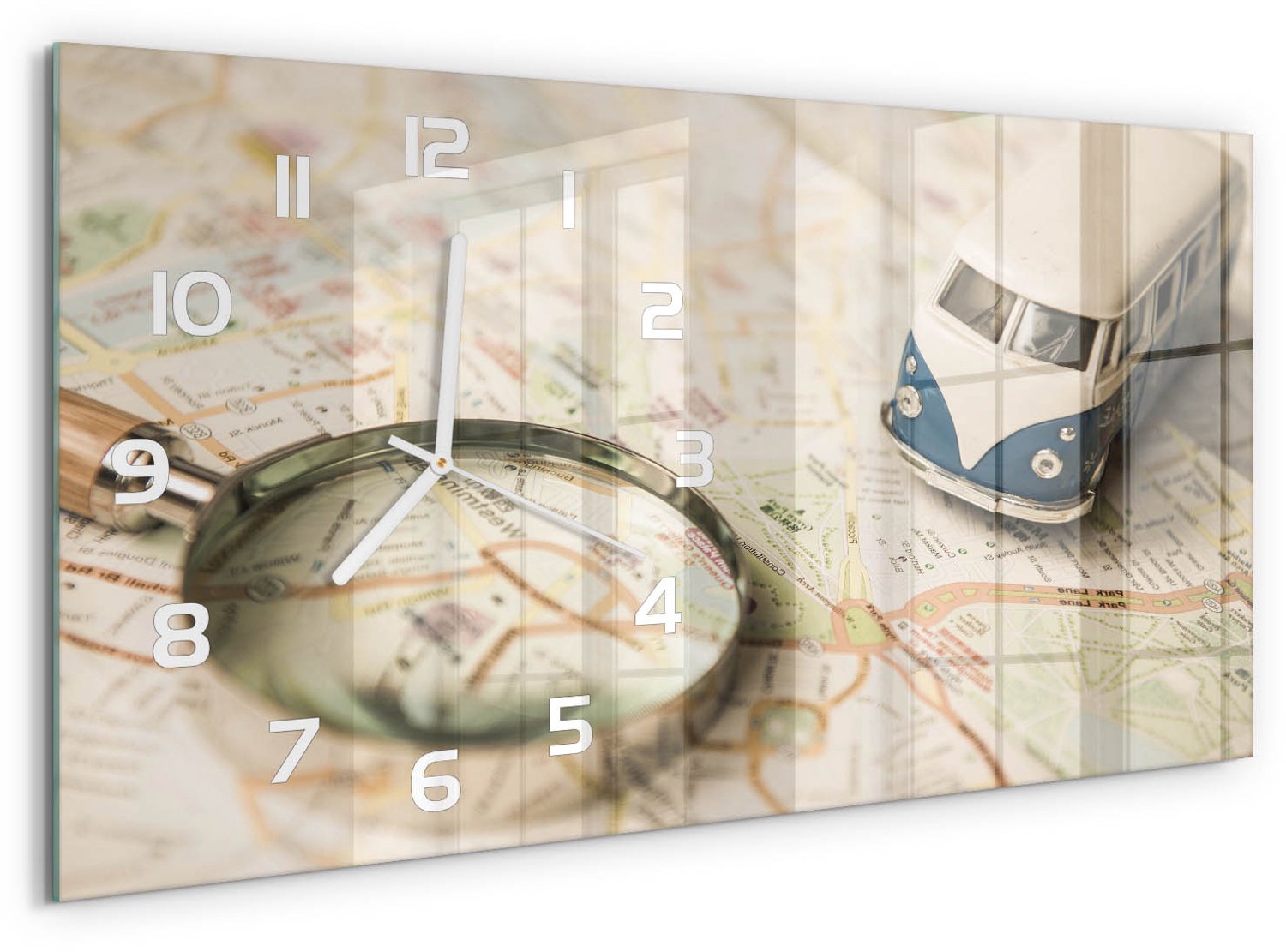TULUP Wandklok - Symboliek van de reis Decoratieve Glazen Klok - 60x30 cm - Veelkleurig Glazen Wandklok Design - Witte handen - Rechthoekige Klok - Glazen Klok Met Print - Wandklok Glas Met Motief