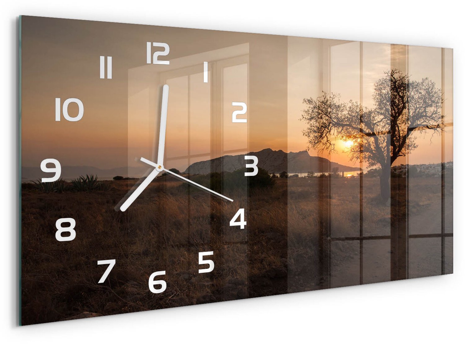 TULUP Wandklok - Zonsondergang Glazen Wandklok Design - 60x30 cm - Bruin Klok Glas Met Opdruk - Witte handen - Rechthoekige Klok - Wandklok Glas Met Motief - Decoratieve Glazen Klok