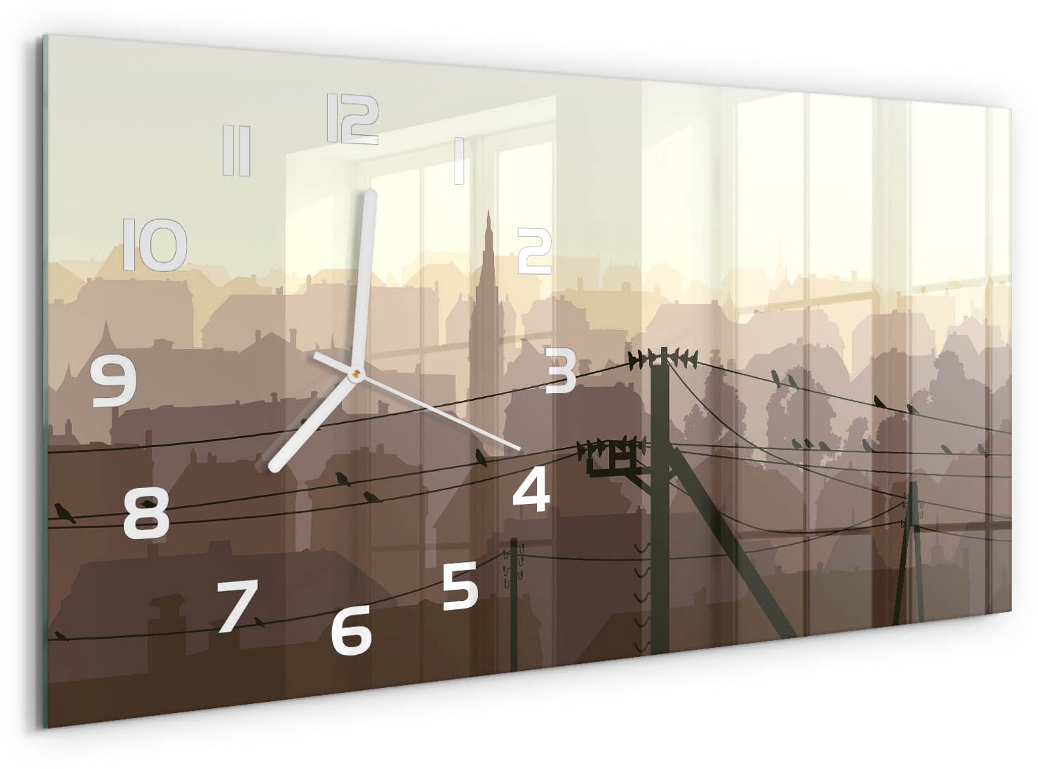 TULUP Wandklok - Stadsstroomleiding Wandklok Glas Met Motief - 60x30 cm - Bruin Decoratieve Glazen Klok - Witte handen - Rechthoekige Klok - Gekleurde Glazen Klok - Glazen Klok Met Print