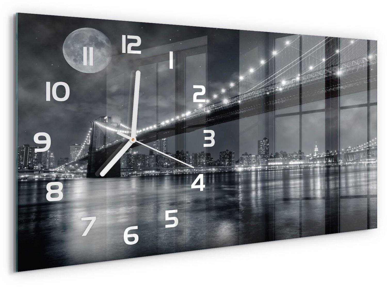 TULUP Wandklok - Brooklynbrug Wandklok Glas Met Motief - 60x30 cm - Zwart-wit Decoratieve Glazen Klok - Witte handen - Rechthoekige Klok - Gekleurde Glazen Klok - Glazen Klok Met Print