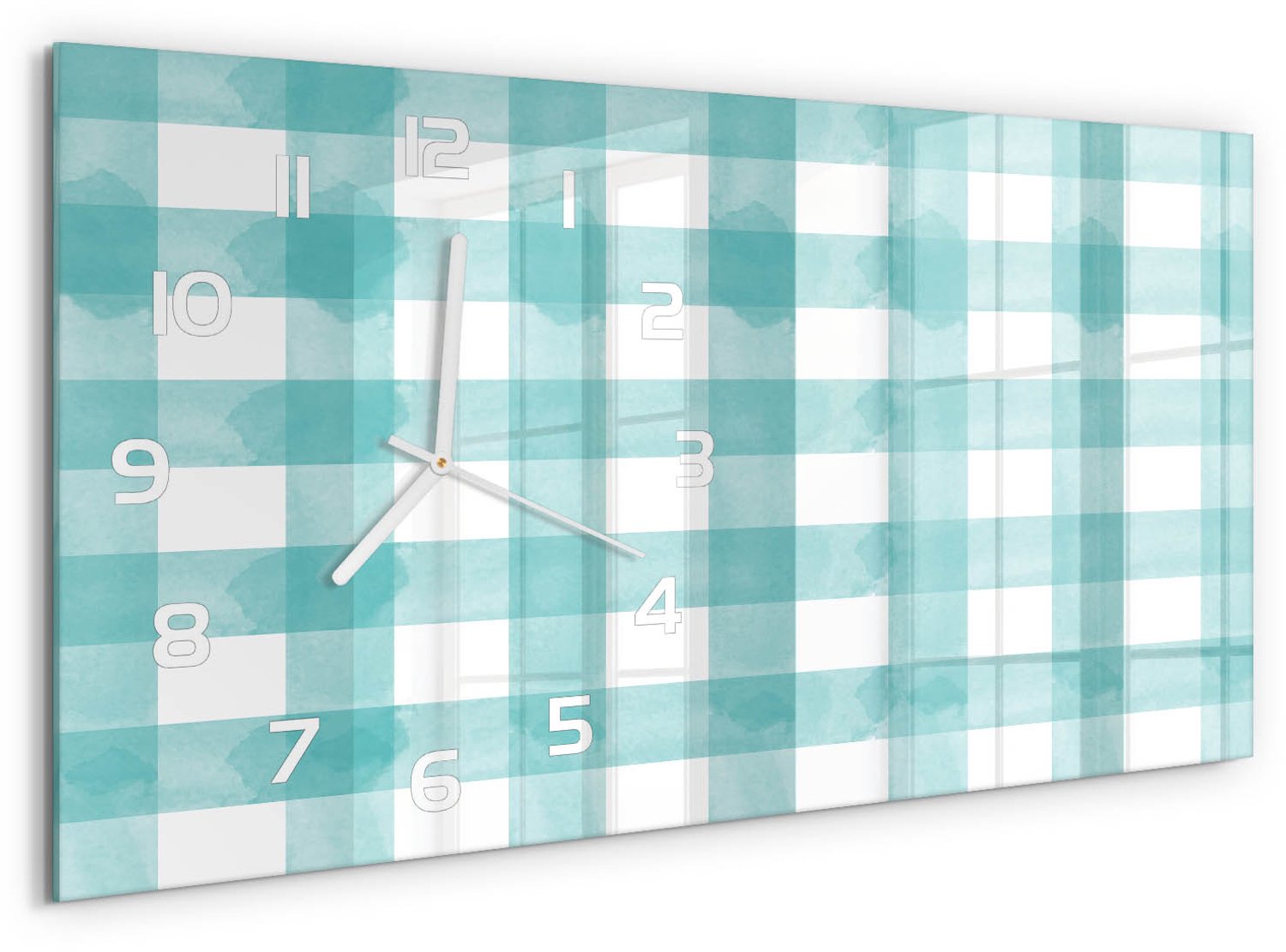 TULUP Wandklok - Blauw raster Decoratieve Glazen Klok - 60x30 cm - Blauw Glazen Wandklok Design - Witte handen - Rechthoekige Klok - Glazen Klok Met Print - Wandklok Glas Met Motief