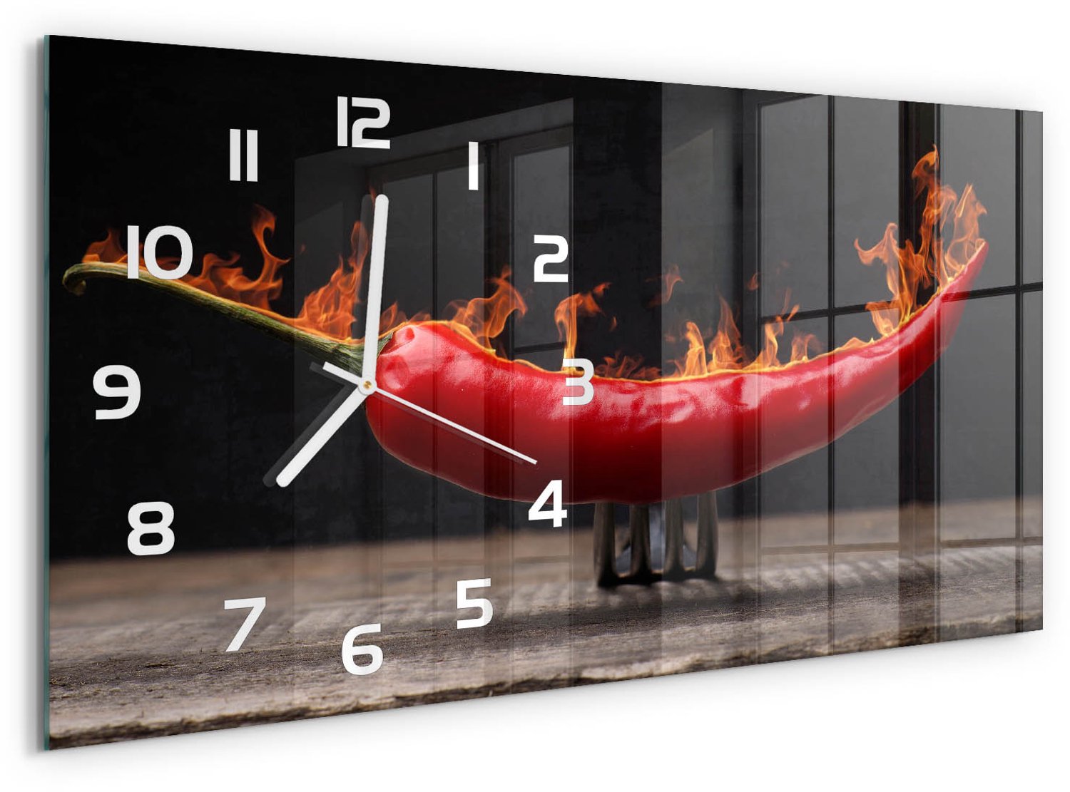 TULUP Wandklok - Chilipeper Glazen Wandklok Design - 60x30 cm - Rood Klok Glas Met Opdruk - Witte handen - Rechthoekige Klok - Wandklok Glas Met Motief - Decoratieve Glazen Klok