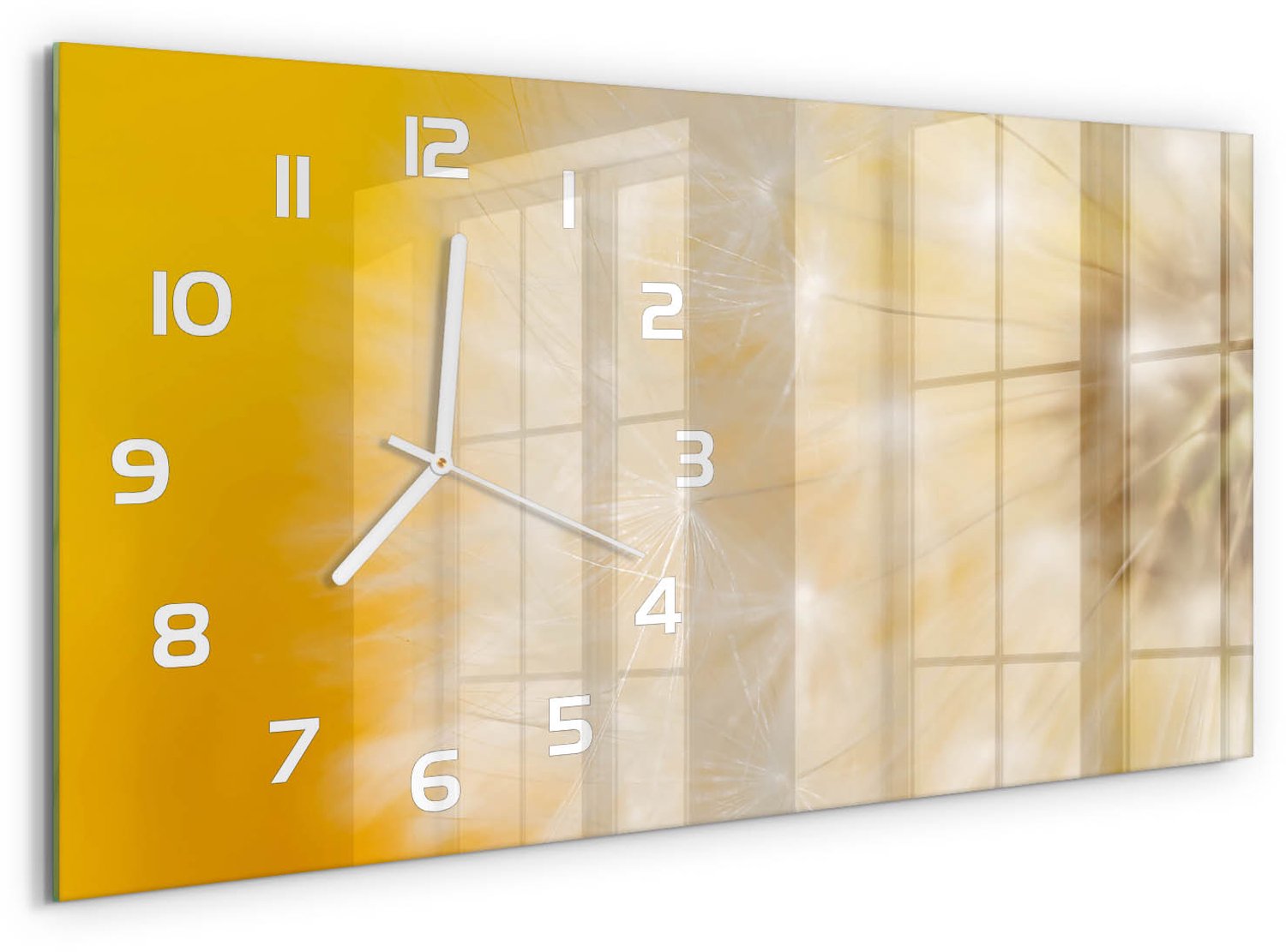 TULUP Wandklok - Paardebloem Wandklok Glas Decoratie - 60x30 cm - Geel Gekleurde Glazen Klok - Witte handen - Rechthoekige Klok - Klok Glas Met Opdruk - Moderne Wandklok Glas