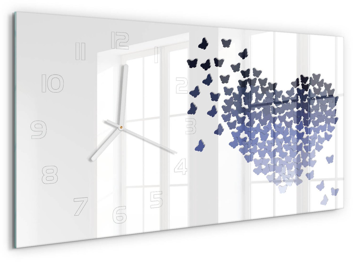 TULUP Wandklok - Hart van de vlinders Moderne Wandklok Glas - 60x30 cm - Blauw Wandklok Glas Decoratie - Witte handen - Rechthoekige Klok - Glazen Wandklok Design - Klok Glas Met Opdruk