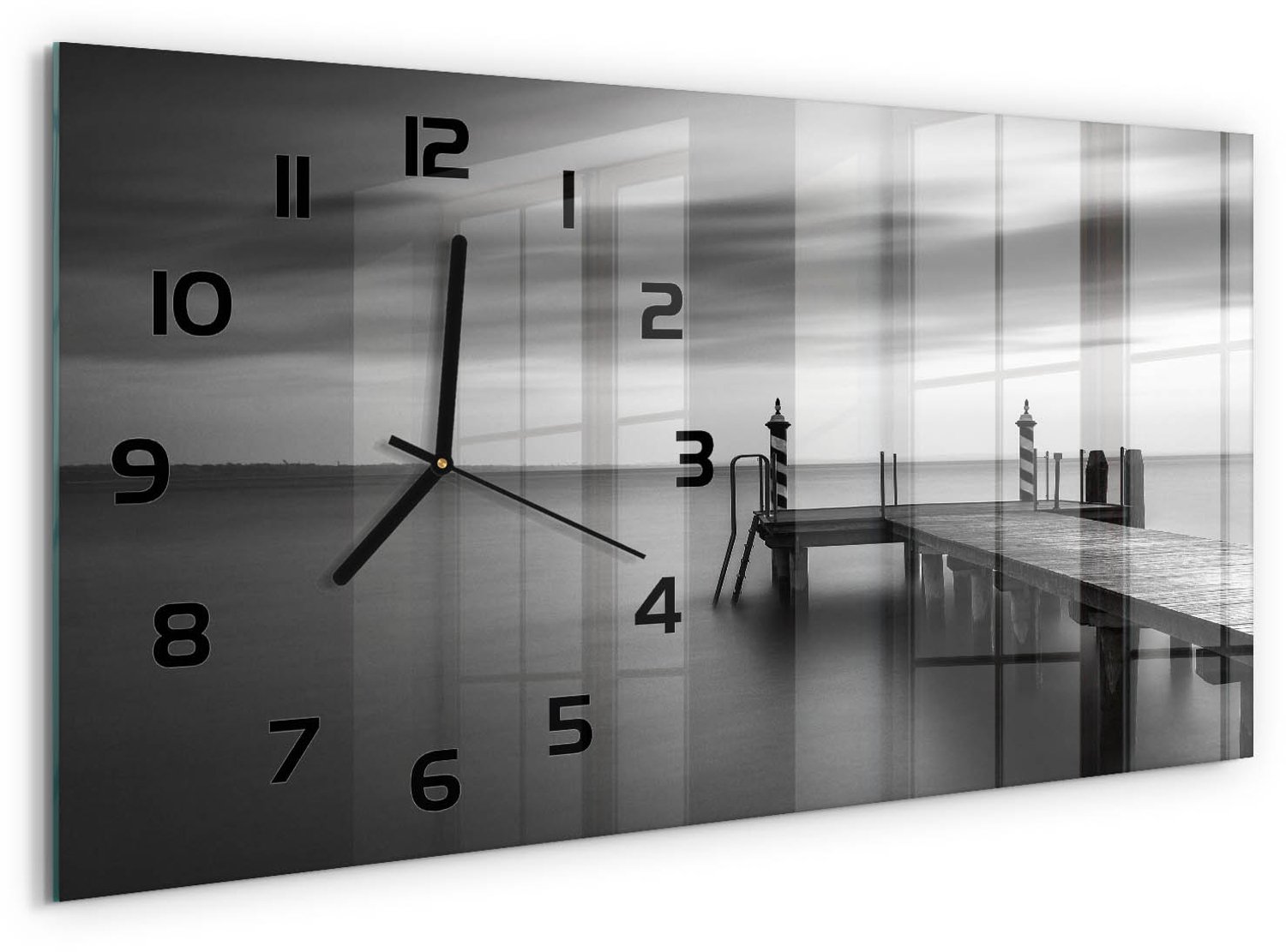 TULUP Wandklok - Steiger aan het meer Glazen Wandklok Design - 60x30 cm - Zwart-wit Klok Glas Met Opdruk - Zwarte handen - Rechthoekige Klok - Wandklok Glas Met Motief - Decoratieve Glazen Klok
