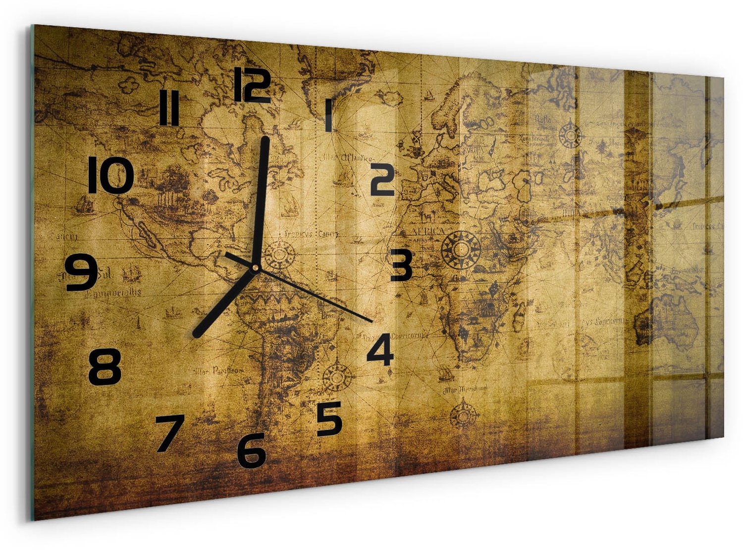 TULUP Wandklok - Oude wereldkaart Glazen Wandklok Design - 60x30 cm - Beige Klok Glas Met Opdruk - Zwarte handen - Rechthoekige Klok - Wandklok Glas Met Motief - Decoratieve Glazen Klok