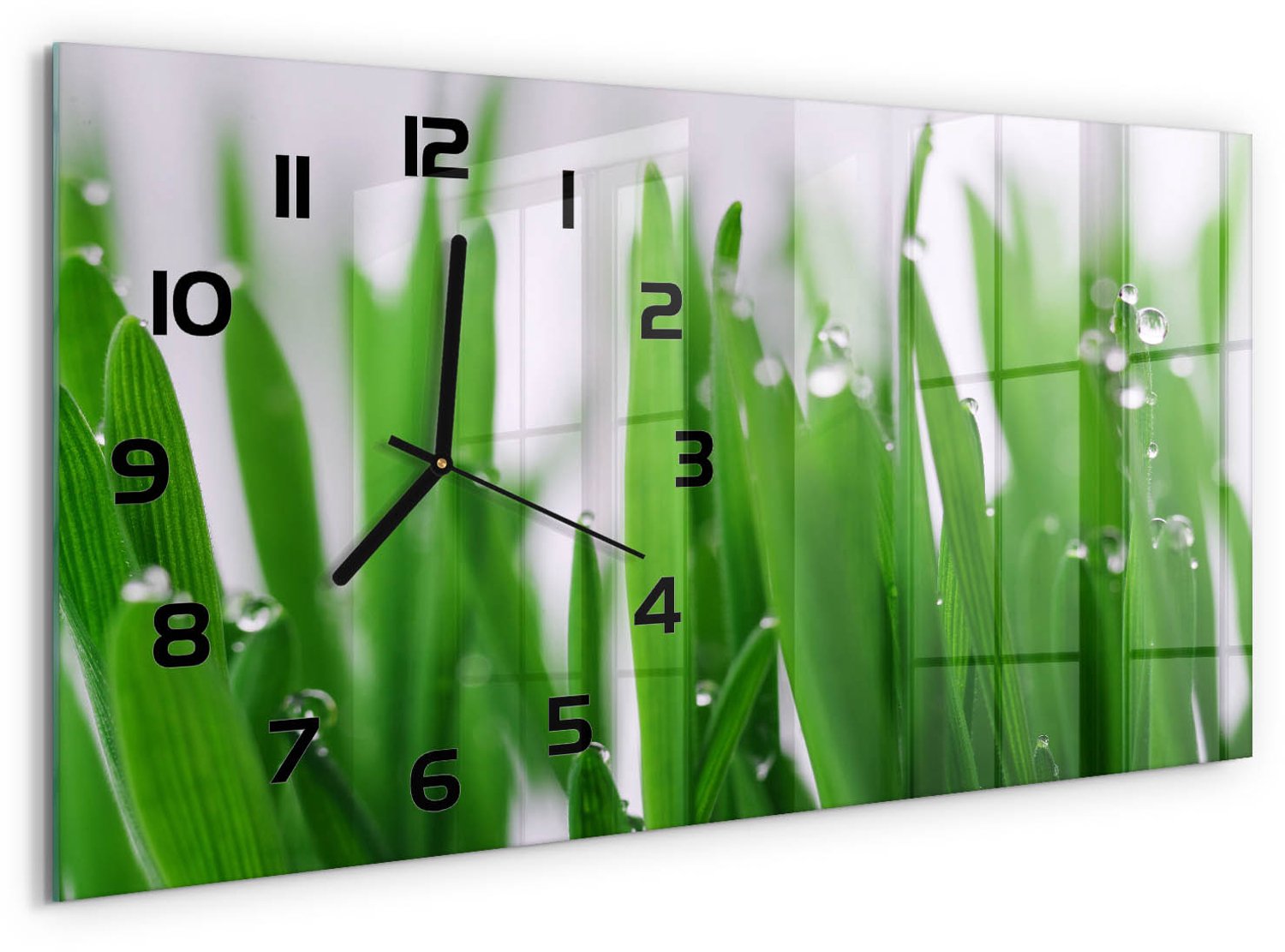 TULUP Wandklok - grassprieten Decoratieve Glazen Klok - 60x30 cm - Groente Glazen Wandklok Design - Zwarte handen - Rechthoekige Klok - Glazen Klok Met Print - Wandklok Glas Met Motief